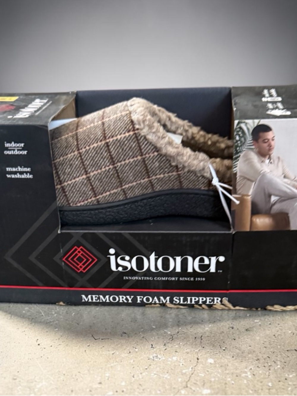 isotoner Men's Brown Plaid Slip-On Memory Foam Slippers